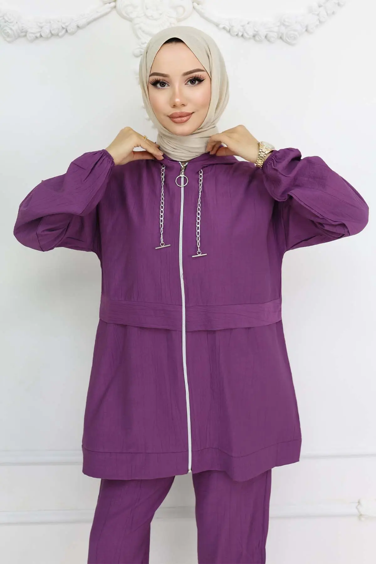Zincir Detaylı Tesettür Takım Mor 4760-detail