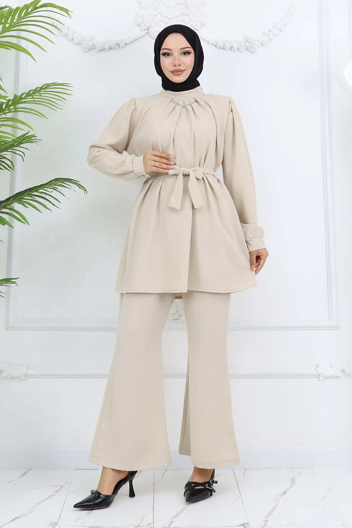 Zincir Detaylı Tesettür Takım Taş Rengi 4767-detail