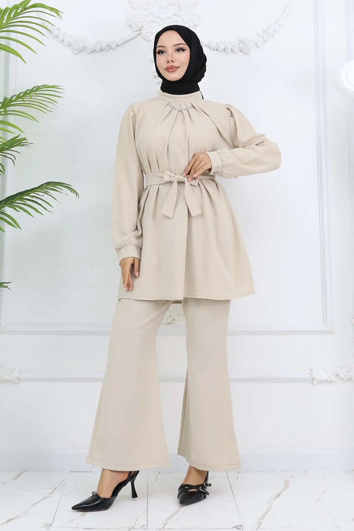 Zincir Detaylı Tesettür Takım Taş Rengi 4767-detail