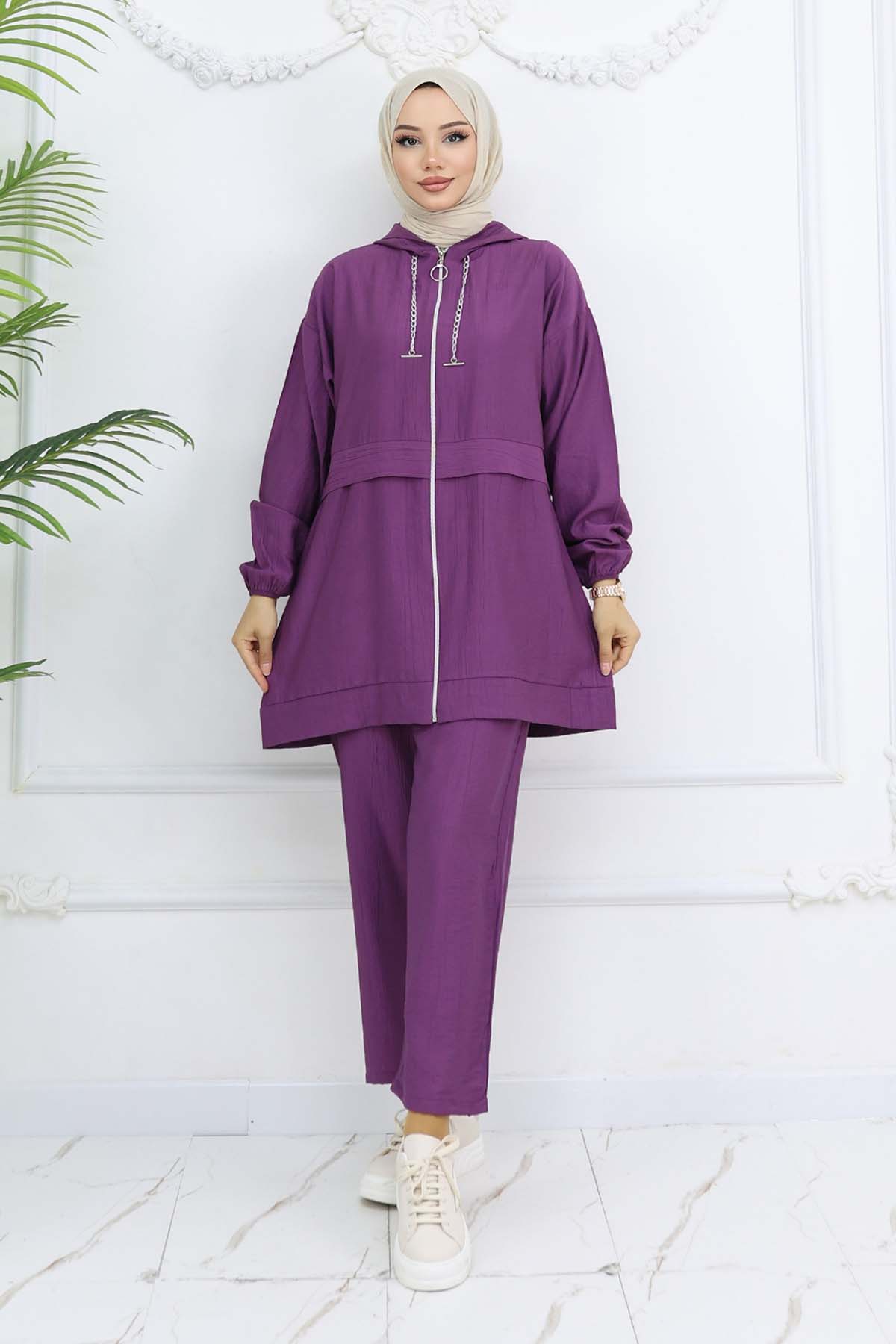 Zincir Detaylı Tesettür Takım Mor 4760