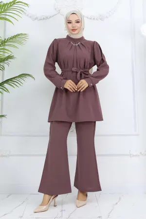 Zincir Detaylı Tesettür Takım Gül Kurusu 4767