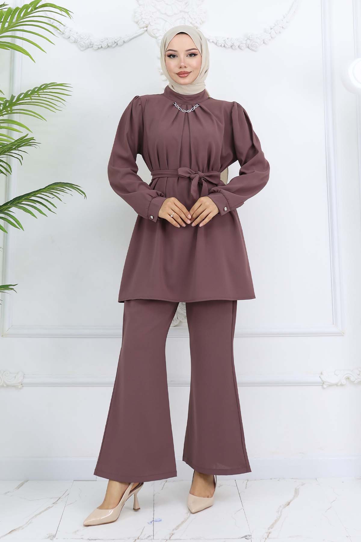 Zincir Detaylı Tesettür Takım Gül Kurusu 4767
