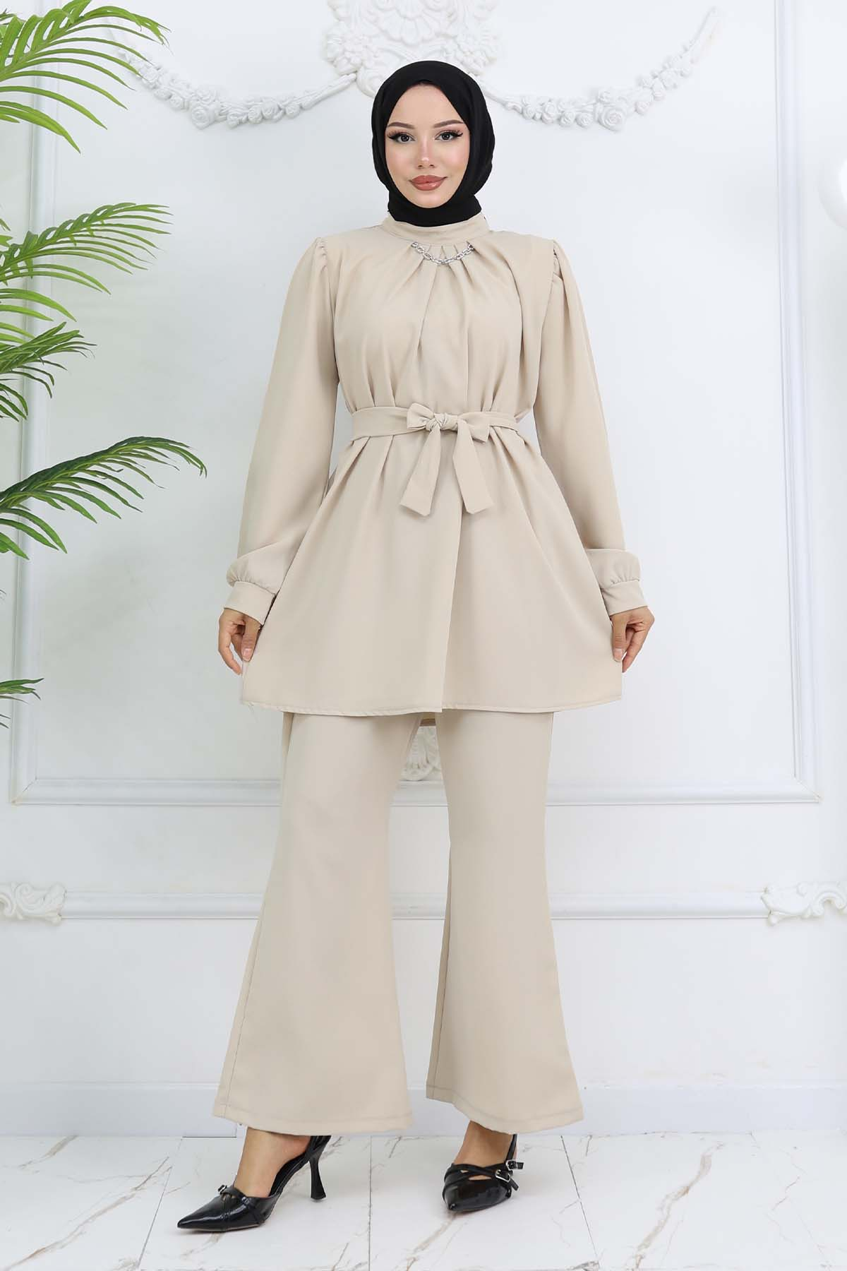 Zincir Detaylı Tesettür Takım Taş Rengi 4767