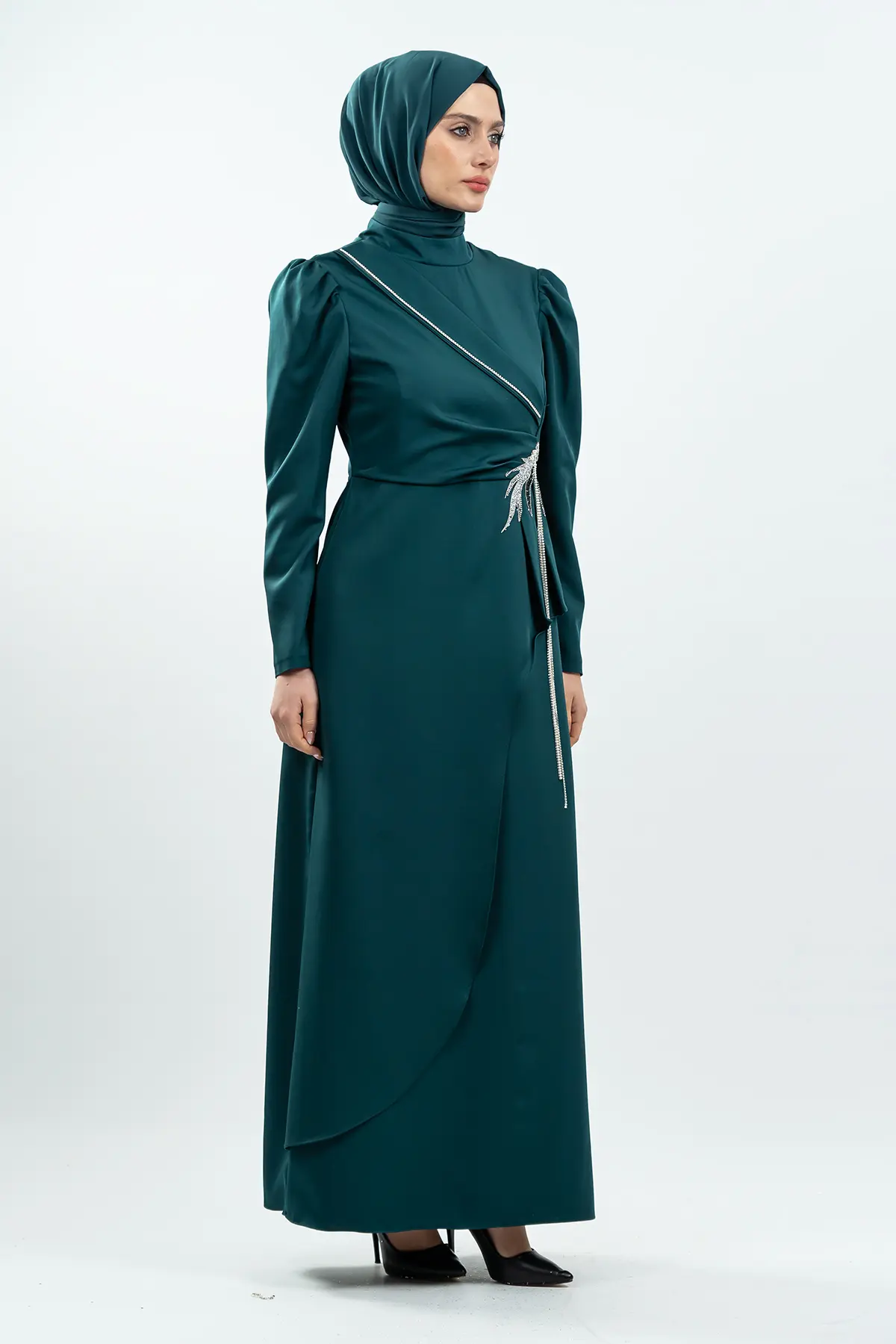 Emerald Green Stone Detailed Evening Dress-detail