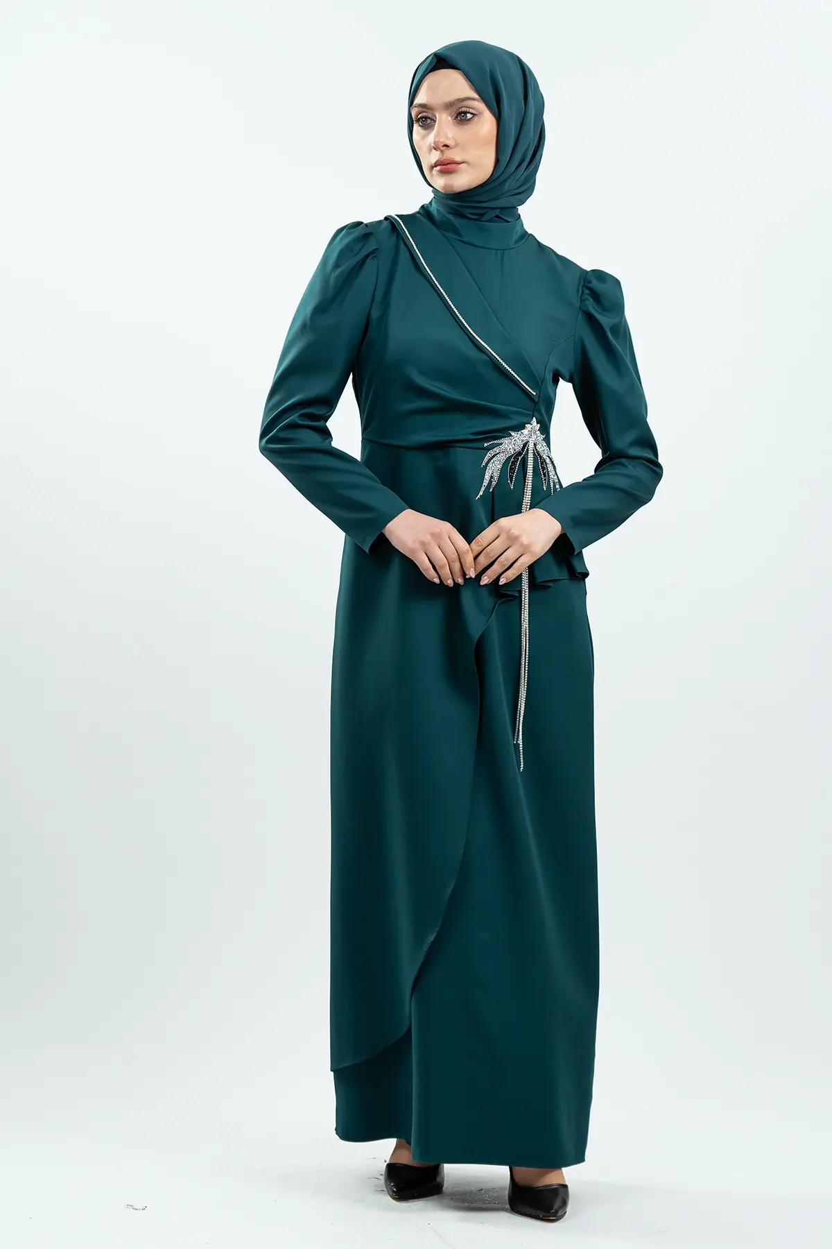 Emerald Green Stone Detailed Evening Dress-detail