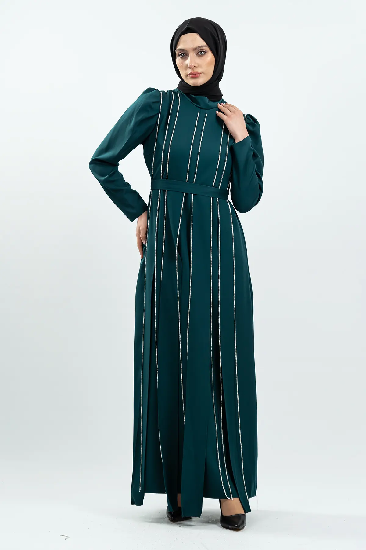 Emerald Green Stone Detailed Evening Dress-detail