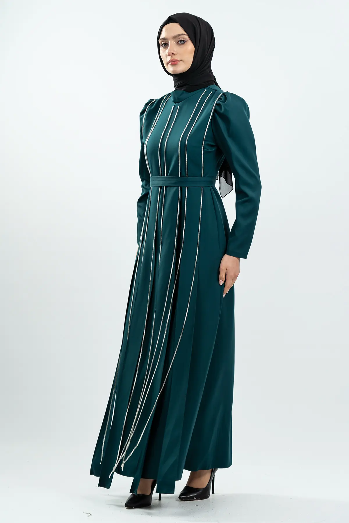 Emerald Green Stone Detailed Evening Dress-detail