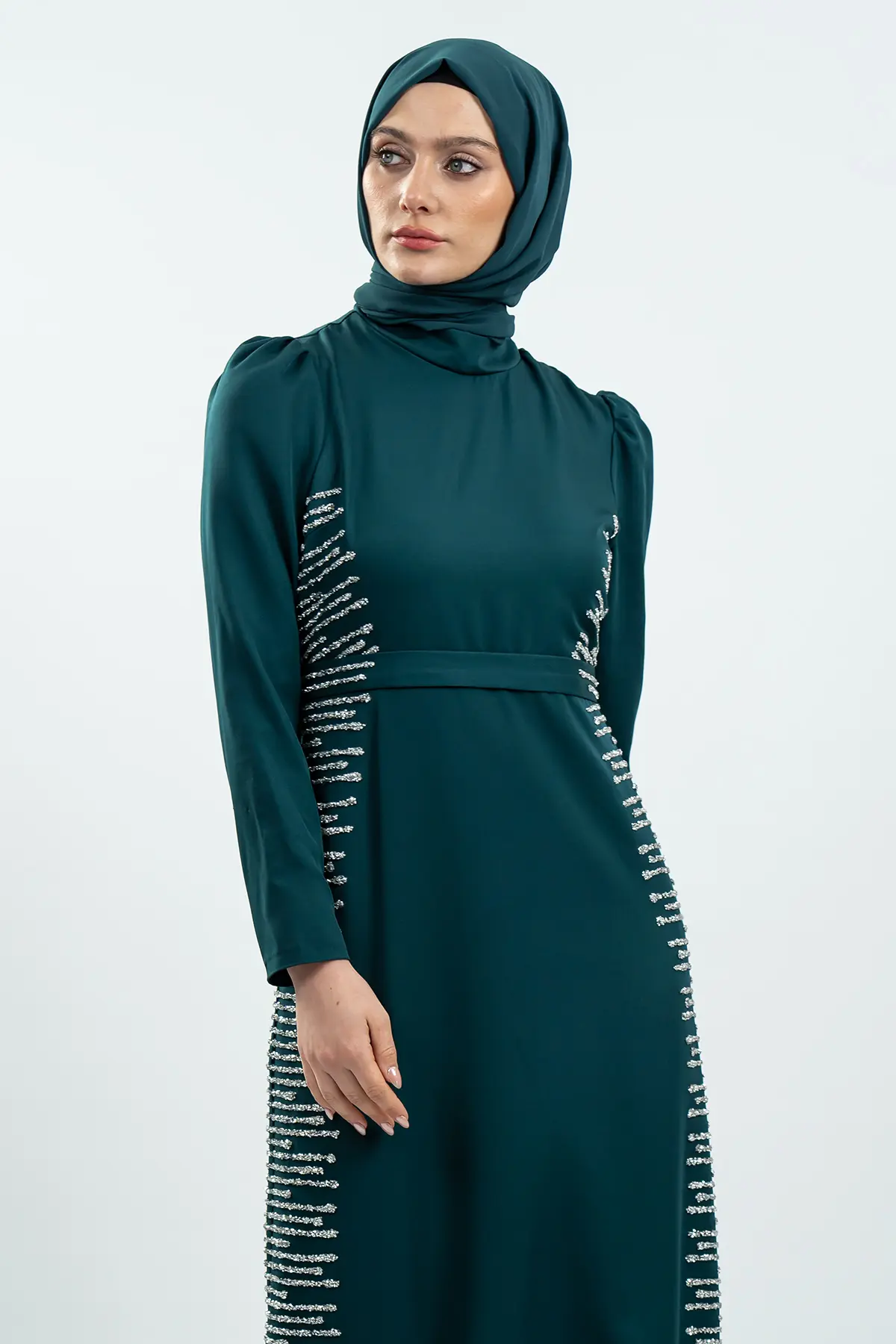 Emerald Green Stone Detailed Evening Dress-detail